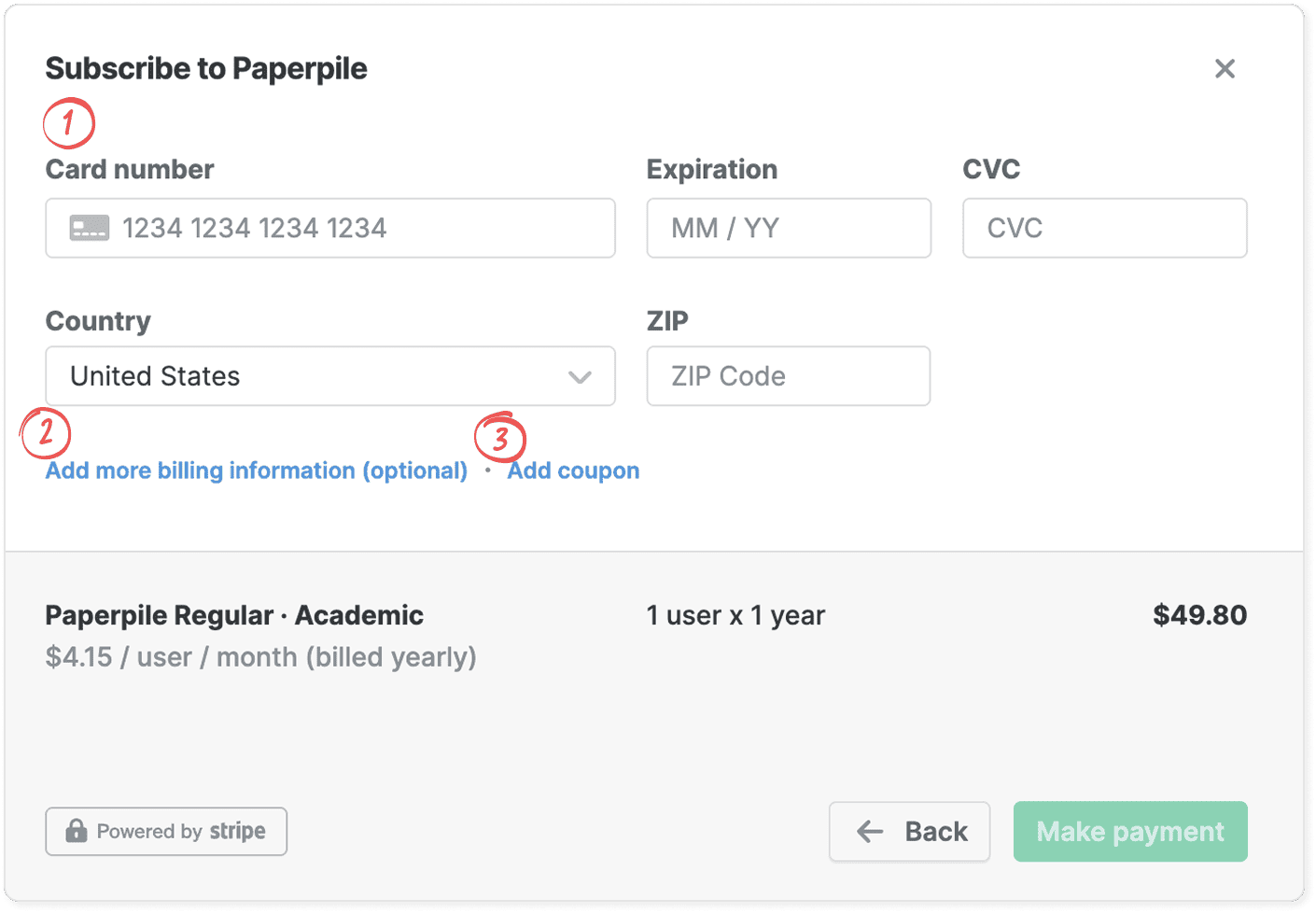 The “Subscribe to Paperpile” checkout with red numbers 1 to 3 marking the card fields, the “Add more billing information” link and the “Add coupon” link, above a $49.80 summary and a “Make payment” button.